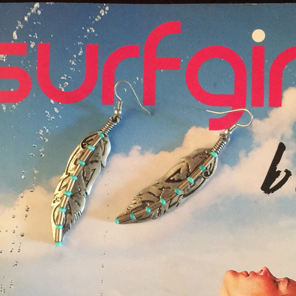 Silver Copper & blue bead Feather earrings